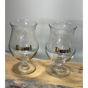 Duvel Belgian Tulip Beer Glasses Set of 2 Clear Gold Logo Stemmed Barware 6.5in